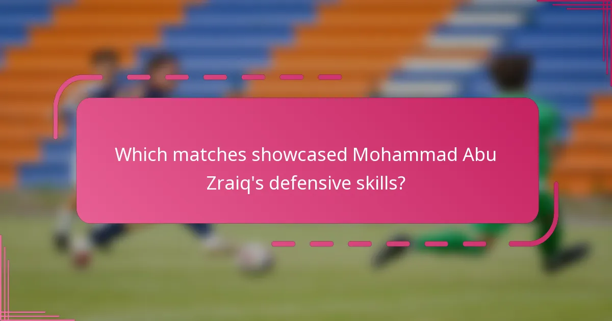 Which matches showcased Mohammad Abu Zraiq's defensive skills?